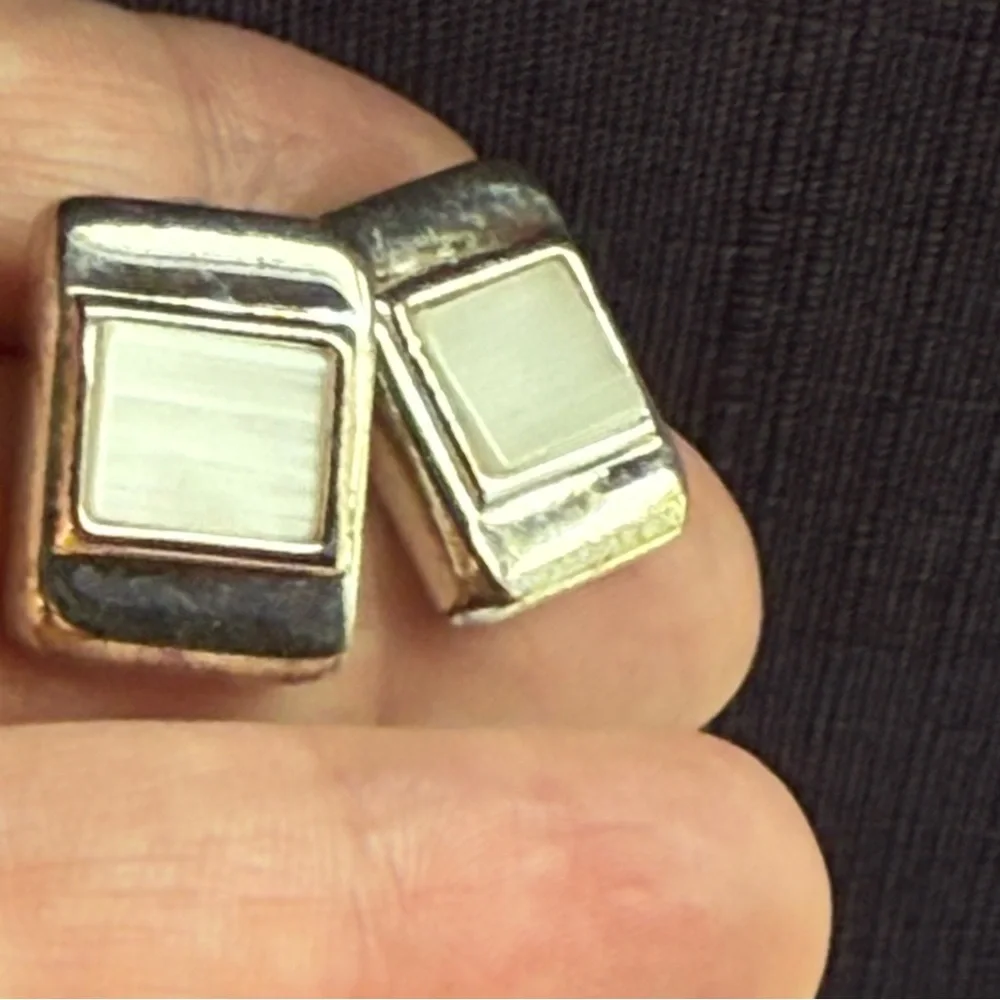 2 Pairs Post Earrings Gold Tone with Rhinestones and Silver Tone Rectangles